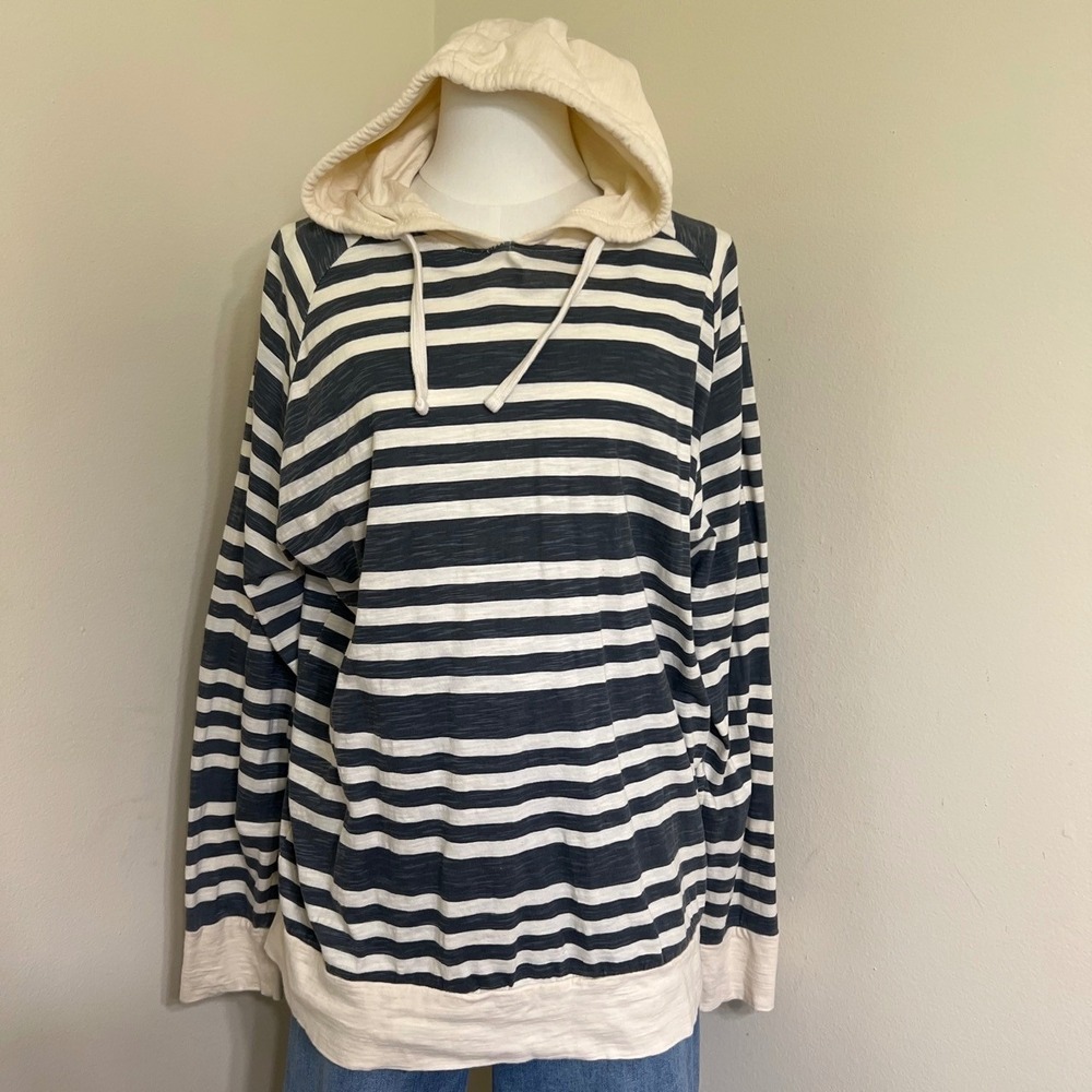 Hudson & Barrow NYC Striped Hoodie Gray Cream 100% Cotton Slub Pullover L